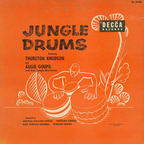 Cover of the 1952 album Jungle Drums shows a line illustration of a percussionist over a solid orange background