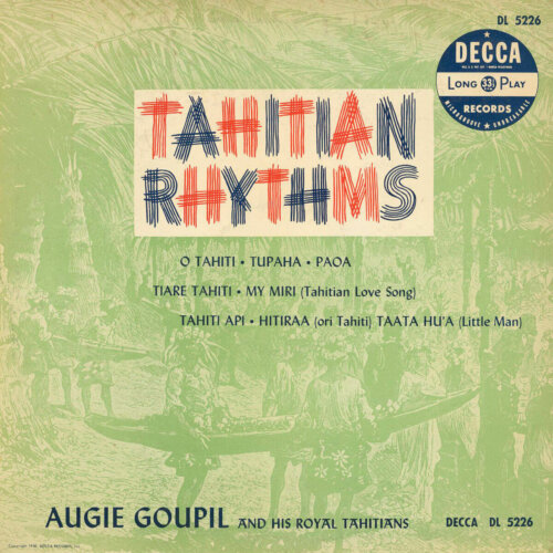 The illustrated cover of the 1950 album "Tahitian Rhythms" shows the title text in a stylized, rough brush script font and a green monotone graphic in the background of an old Tahitian scene